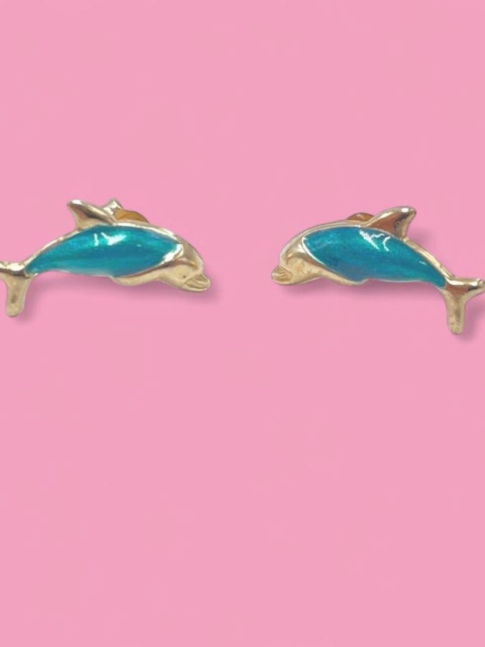 10K Yellow Gold Dolphin Stud Earrings Blue Enamel Cute Minimal Ocean Jewelry